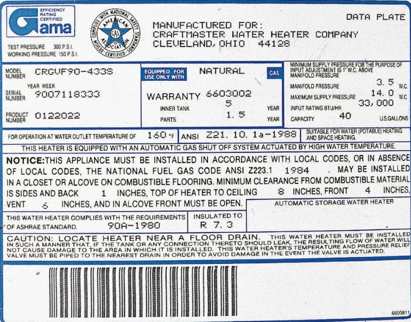 Water heater Data plate Water heater Data plate